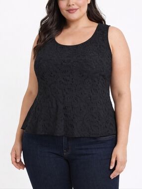 ✨️4/$20. Sleevesless Peplum Top, Front Lace, Solid Back, Black Top, 3X